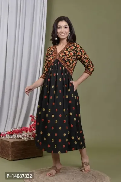 Latest Women Beautiful Rayon Long Gown Kurti Work Heavy Embroidery Work Printed Work with Tassel (XXL, Black)-thumb4