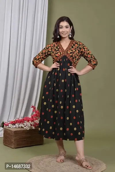 Latest Women Beautiful Rayon Long Gown Kurti Work Heavy Embroidery Work Printed Work with Tassel (XXL, Black)-thumb2