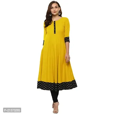 Cotton Plain and Solid Printed Black Border Anarkali Style Yellow Color Kurti Kurta For Women-thumb0