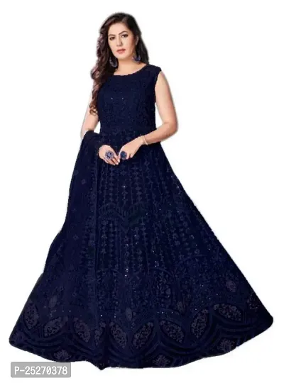 Classic Fashionable Embroidered Net Semi Stitch Anarkali Navy Color Woman Gown-thumb0