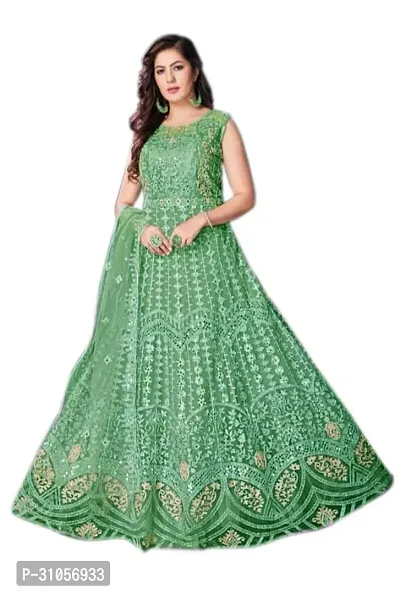 Embroidered Net Semi Stitched Straight Anarkali Light Green Color Gown-thumb0