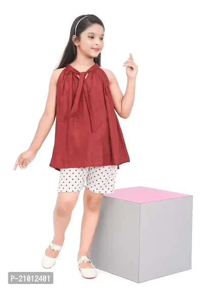 Fabulous Maroon Cotton Blend Self Pattern Top With Bottom For Girls