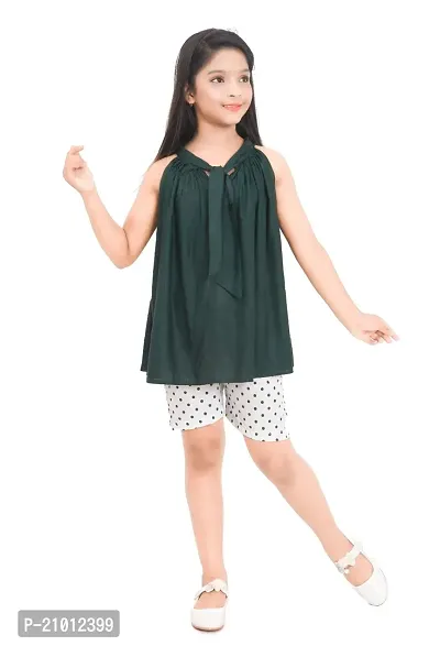 Fabulous Green Cotton Blend Self Pattern Top With Bottom For Girls