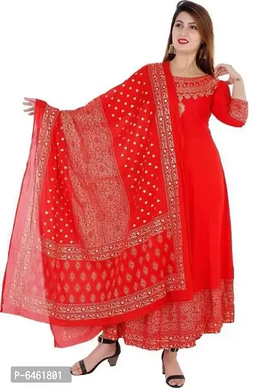 Red Rayon Printed Ethnic Gowns For Women-thumb0