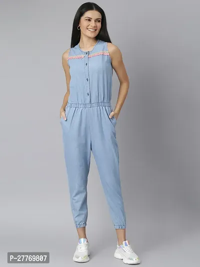 Stylish Blue Denim Solid Basic Jumpsuit For Women-thumb0