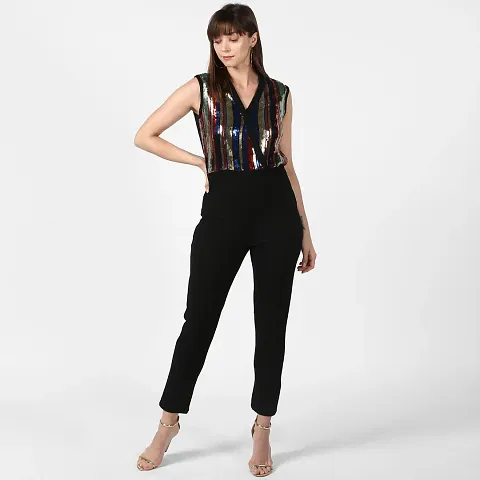 Stylish Black Polyester Self Pattern Jumpsuit For Women