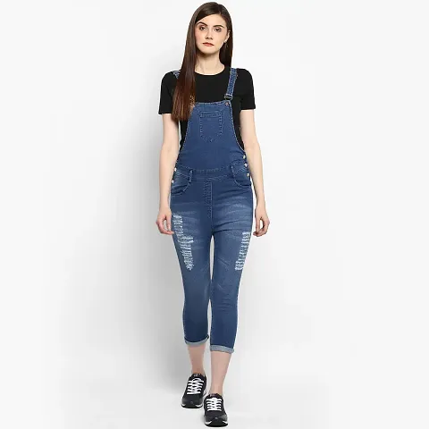 Stylish Blue Denim Solid Dungarees For Women