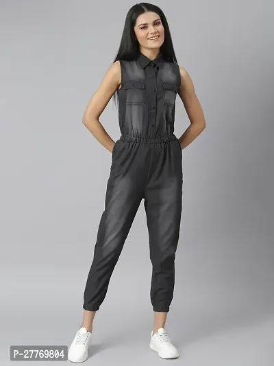 Stylish Black Denim Solid Basic Jumpsuit For Women