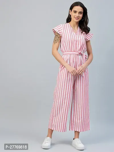 Stylish Pink Polyester Striped Basic Jumpsuit For Women