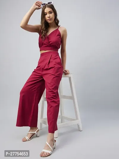 Contemporary Maroon Cotton Linen Solid Co-Ords Set For Women