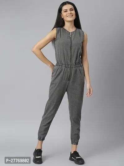 Stylish Grey Denim Solid Basic Jumpsuit For Women-thumb0