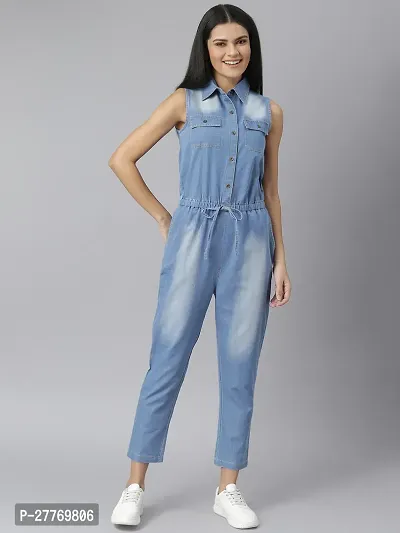 Stylish Blue Denim Solid Basic Jumpsuit For Women