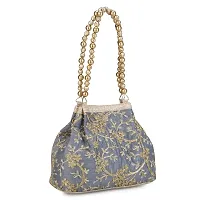 Shanvi handicraft Raw-Silk Designer Potli Bag for women with Golden Embroidery and Golden Pearl Handle Tassel (Grey)-thumb3