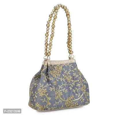 Shanvi handicraft Raw-Silk Designer Potli Bag for women with Golden Embroidery and Golden Pearl Handle Tassel (Grey)-thumb4