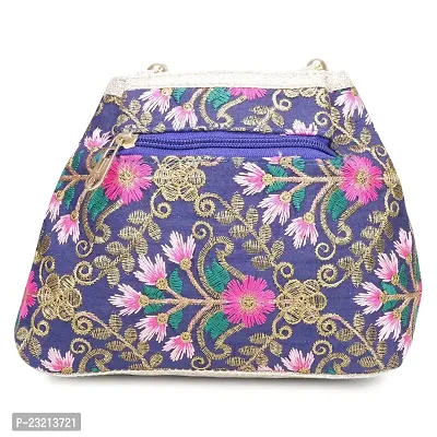 Shanvi handicraft Raw-Silk Designer Potli Bag for women with Golden Embroidery and Golden Pearl Handle Tassel (Blue)