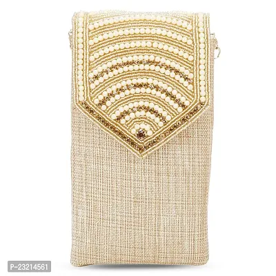 Shanvi Handicraft Pearl Clutch Silk Saree Clutch Mobile Pouch Waist Clip Ladies Purse Gift for Women  Girls (Gold)-thumb0