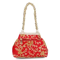 Shanvi handicraft Raw-Silk Designer Potli Bag for women with Golden Embroidery and Golden Pearl Handle Tassel (Red1)-thumb2