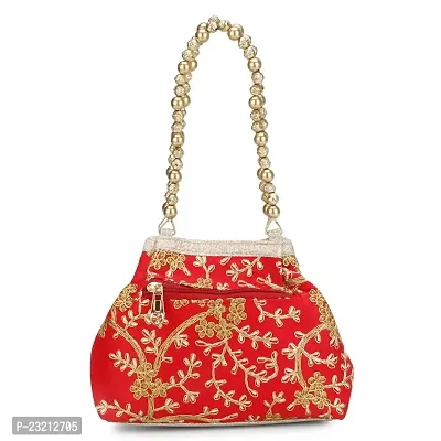 Shanvi handicraft Raw-Silk Designer Potli Bag for women with Golden Embroidery and Golden Pearl Handle Tassel (Red1)-thumb3