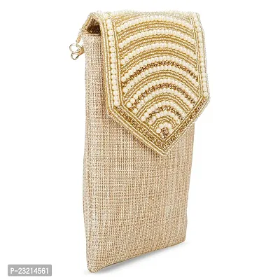 Shanvi Handicraft Pearl Clutch Silk Saree Clutch Mobile Pouch Waist Clip Ladies Purse Gift for Women  Girls (Gold)-thumb2