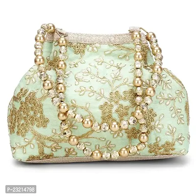 Shanvi handicraft Raw-Silk Designer Potli Bag for women with Golden Embroidery and Golden Pearl Handle Tassel (Firozi)