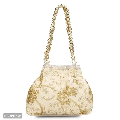 Shanvi handicraft Raw-Silk Designer Potli Bag for women with Golden Embroidery and Golden Pearl Handle Tassel (Golden)