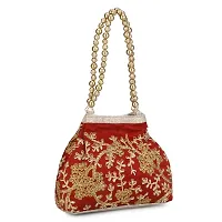 Shanvi handicraft Raw-Silk Designer Potli Bag for women with Golden Embroidery and Golden Pearl Handle Tassel (Red)-thumb3