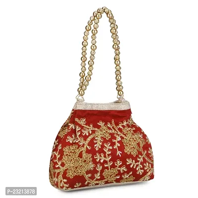 Shanvi handicraft Raw-Silk Designer Potli Bag for women with Golden Embroidery and Golden Pearl Handle Tassel (Red)-thumb4