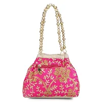 Shanvi handicraft Raw-Silk Designer Potli Bag for women with Golden Embroidery and Golden Pearl Handle Tassel (Pink1)-thumb2