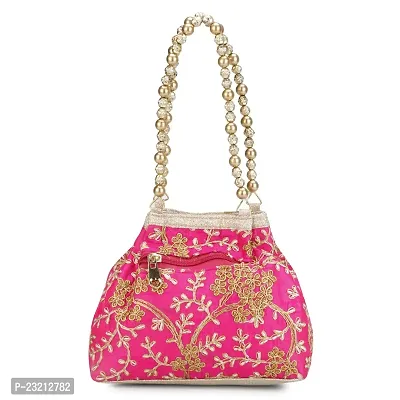 Shanvi handicraft Raw-Silk Designer Potli Bag for women with Golden Embroidery and Golden Pearl Handle Tassel (Pink1)-thumb3