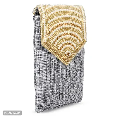 Shanvi Handicraft Pearl Clutch Silk Saree Clutch Mobile Pouch Waist Clip Ladies Purse Gift for Women  Girls (Gray)-thumb3