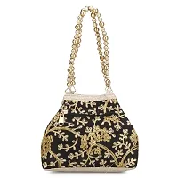 Shanvi handicraft Raw-Silk Designer Potli Bag for women with Golden Embroidery and Golden Pearl Handle Tassel (Black)-thumb4