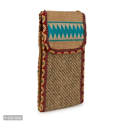 ZERATIO Bags Women's Jute Eco-Friendly Warli Printed Mobile Pouch Handbag (Golden)-thumb2