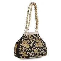 Shanvi handicraft Raw-Silk Designer Potli Bag for women with Golden Embroidery and Golden Pearl Handle Tassel (Black)-thumb3