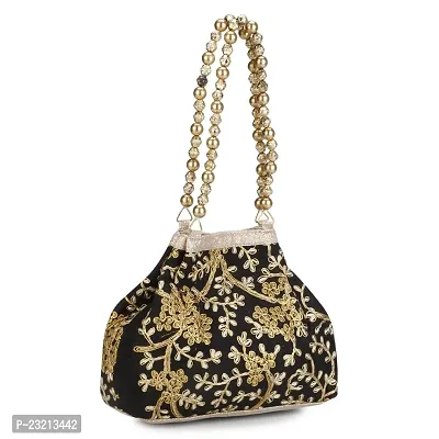 Shanvi handicraft Raw-Silk Designer Potli Bag for women with Golden Embroidery and Golden Pearl Handle Tassel (Black)-thumb4