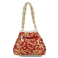 Shanvi handicraft Raw-Silk Designer Potli Bag for women with Golden Embroidery and Golden Pearl Handle Tassel (Red)-thumb4