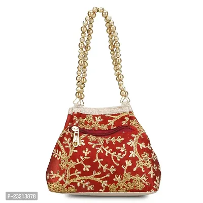 Shanvi handicraft Raw-Silk Designer Potli Bag for women with Golden Embroidery and Golden Pearl Handle Tassel (Red)-thumb5