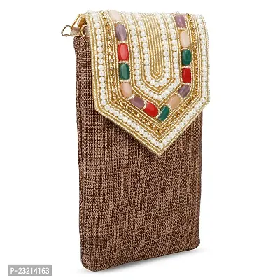 ZERATIO Bags Pearl Clutch Silk Saree Clutch Mobile Pouch Waist Clip Gift for Women  Girls (Coffee)-thumb2