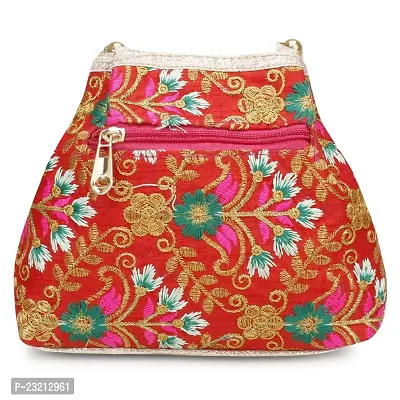Shanvi handicraft Raw-Silk Designer Potli Bag for women with Golden Embroidery and Golden Pearl Handle Tassel (Red2)