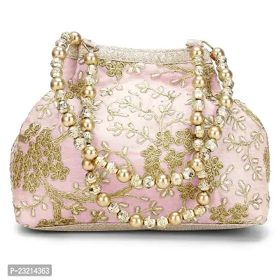 Shanvi handicraft Raw-Silk Designer Potli Bag for women with Golden Embroidery and Golden Pearl Handle Tassel (Pink)