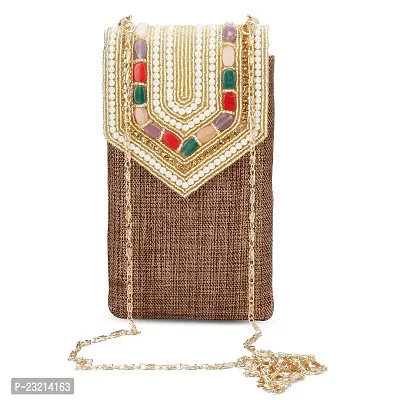 ZERATIO Bags Pearl Clutch Silk Saree Clutch Mobile Pouch Waist Clip Gift for Women  Girls (Coffee)-thumb4