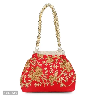 Shanvi handicraft Raw-Silk Designer Potli Bag for women with Golden Embroidery and Golden Pearl Handle Tassel (Red1)-thumb0