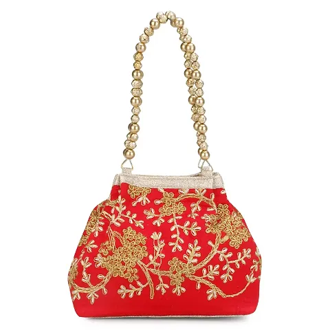Shanvi handicraft Raw-Silk Designer Potli Bag for women with Golden Embroidery and Golden Pearl Handle Tassel