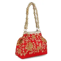 Shanvi handicraft Raw-Silk Designer Potli Bag for women with Golden Embroidery and Golden Pearl Handle Tassel (Red1)-thumb1
