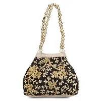 Shanvi handicraft Raw-Silk Designer Potli Bag for women with Golden Embroidery and Golden Pearl Handle Tassel (Black)-thumb2