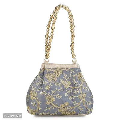 Shanvi handicraft Raw-Silk Designer Potli Bag for women with Golden Embroidery and Golden Pearl Handle Tassel (Grey)-thumb3