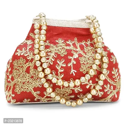 Shanvi handicraft Raw-Silk Designer Potli Bag for women with Golden Embroidery and Golden Pearl Handle Tassel (Red)