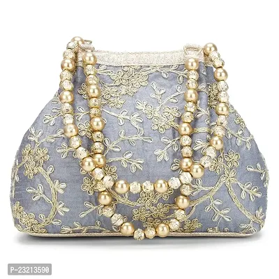 Shanvi handicraft Raw-Silk Designer Potli Bag for women with Golden Embroidery and Golden Pearl Handle Tassel (Grey)