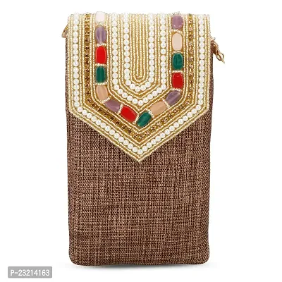 ZERATIO Bags Pearl Clutch Silk Saree Clutch Mobile Pouch Waist Clip Gift for Women  Girls (Coffee)-thumb0