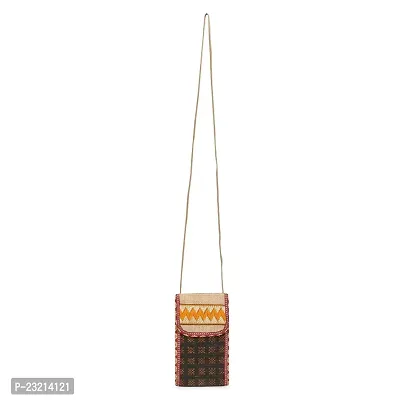 ZERATIO Bags Men  Women's Jute Eco-Friendly Warli Printed Mobile Pouch Handbag (Dark Brown)-thumb3