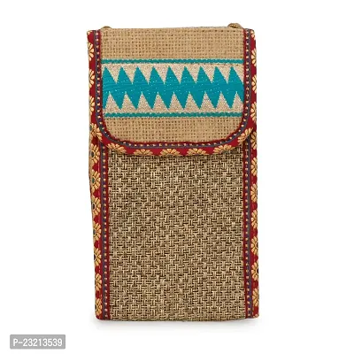 ZERATIO Bags Women's Jute Eco-Friendly Warli Printed Mobile Pouch Handbag (Golden)